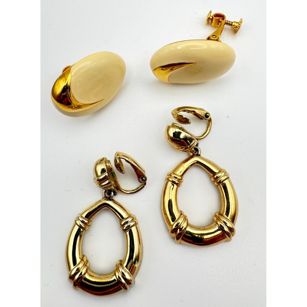 Vintage Napier Earring Monet Clip On Lot Gold Tone Cream Enamel MCM